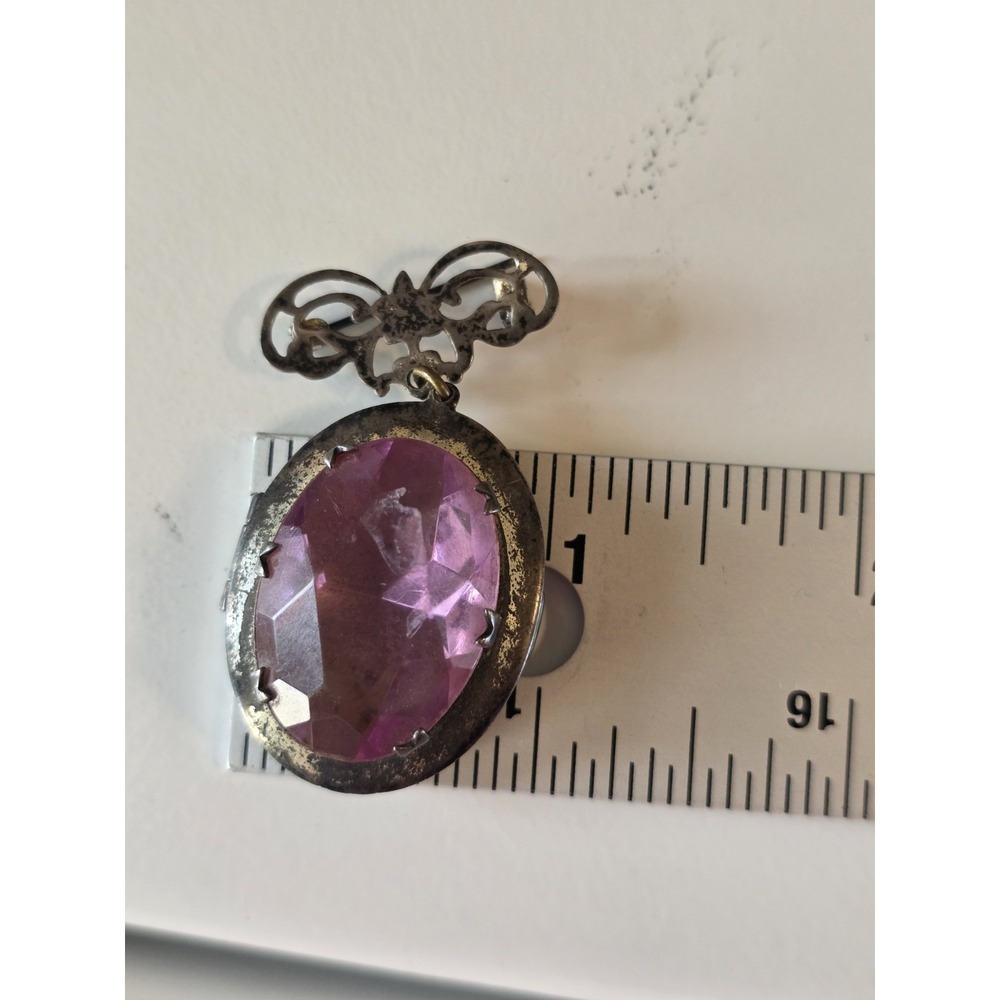 Vintage Sterling Silver Purple Glass Locket Brooch Pin Large Faceted Stone